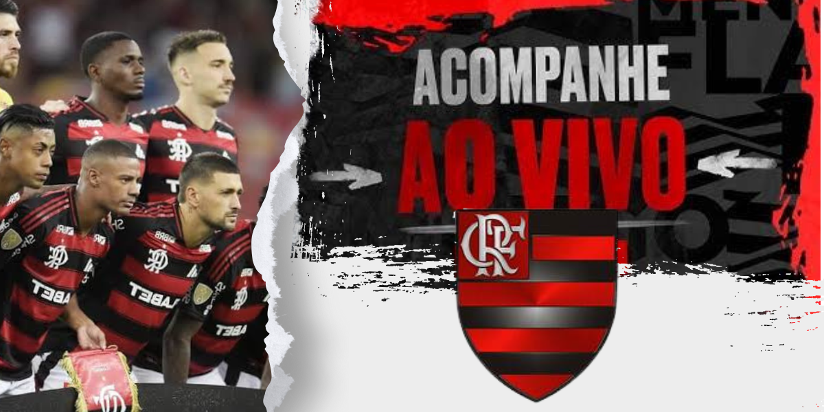 Link para assistir ao jogo do Flamengo ao vivo agora, com a transmissão de graça do site FutebolTV, com o escudo do Mengão.