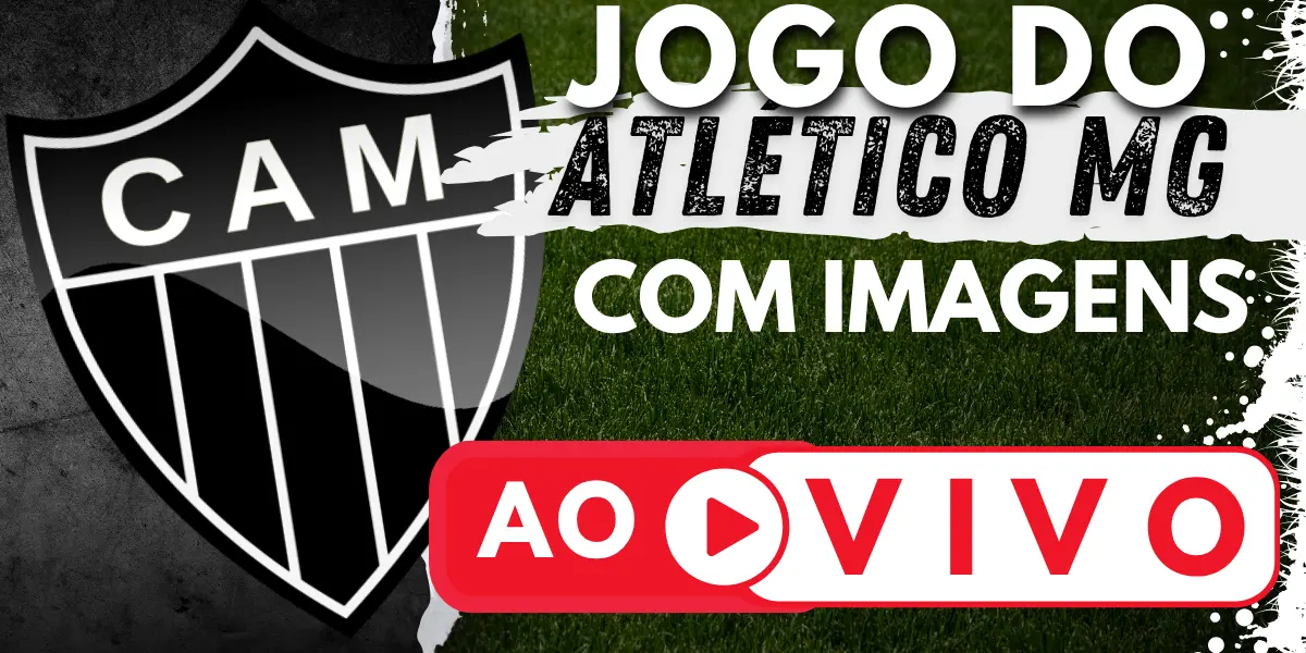 Banner mostrando o escudo do Clube Atlético Mineiro com a chamada para assistir ao jogo do Atlético-MG ao vivo no site Futebol TV.