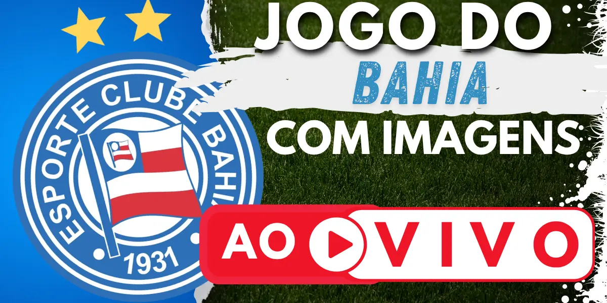 Banner com o escudo do Esporte Clube Bahia e a chamada para assistir ao jogo do Bahia ao vivo no site Futebol TV.