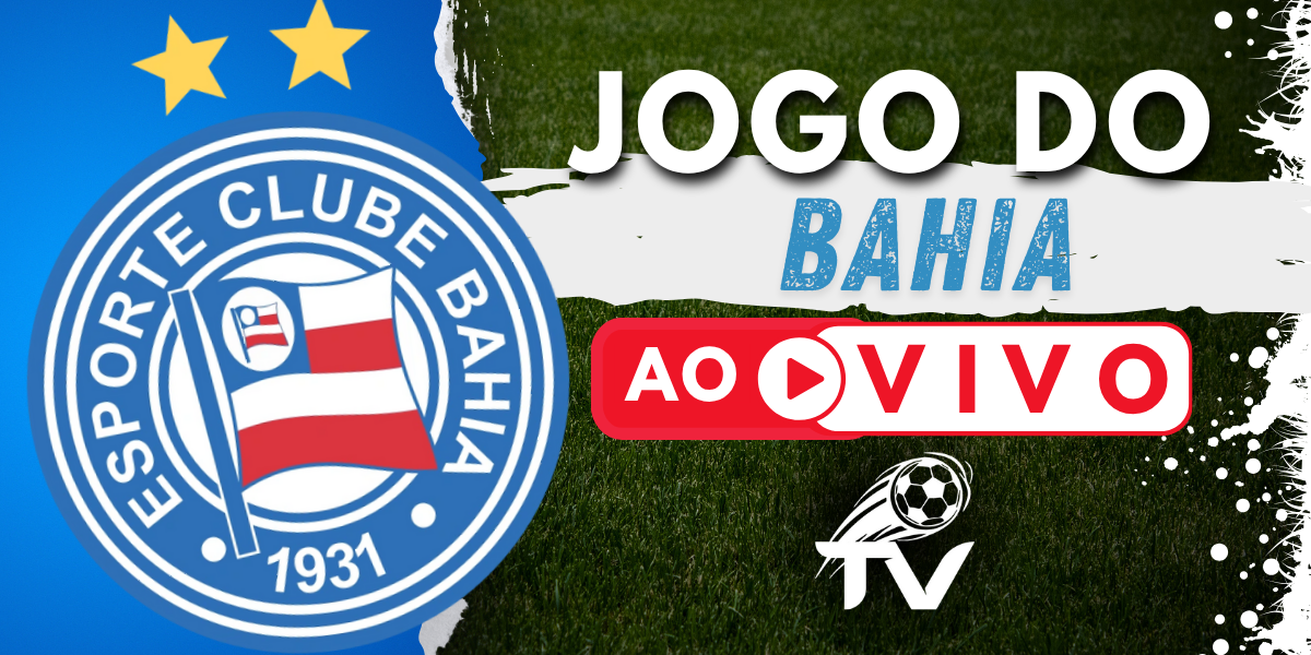 Arte promocional para a transmissão do jogo do Bahia ao vivo, com o escudo tricolor em destaque sobre um fundo de gramado.