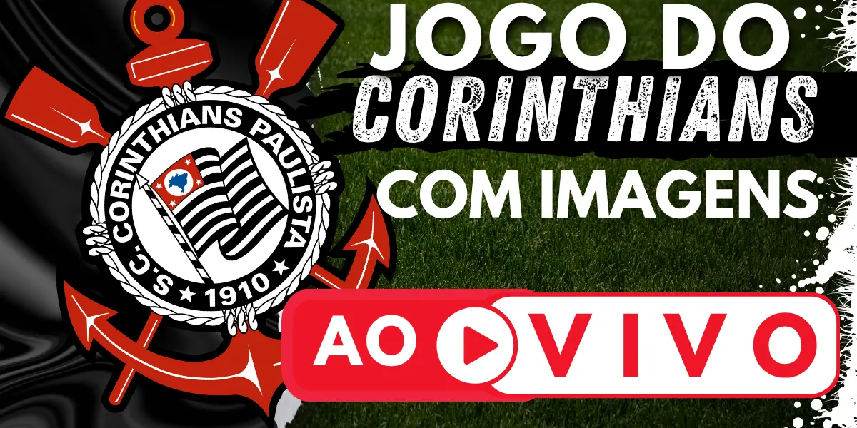 Banner com o escudo do Sport Club Corinthians Paulista e a chamada para assistir ao jogo do Corinthians ao vivo no site Futebol TV.