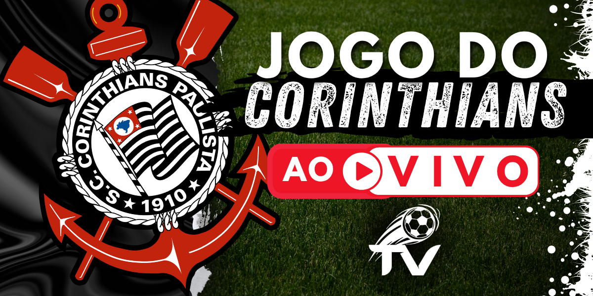 Arte para a transmissão do jogo do Corinthians ao vivo, com o escudo do Timão e o logo do site FutebolTV sobre um fundo de gramado.