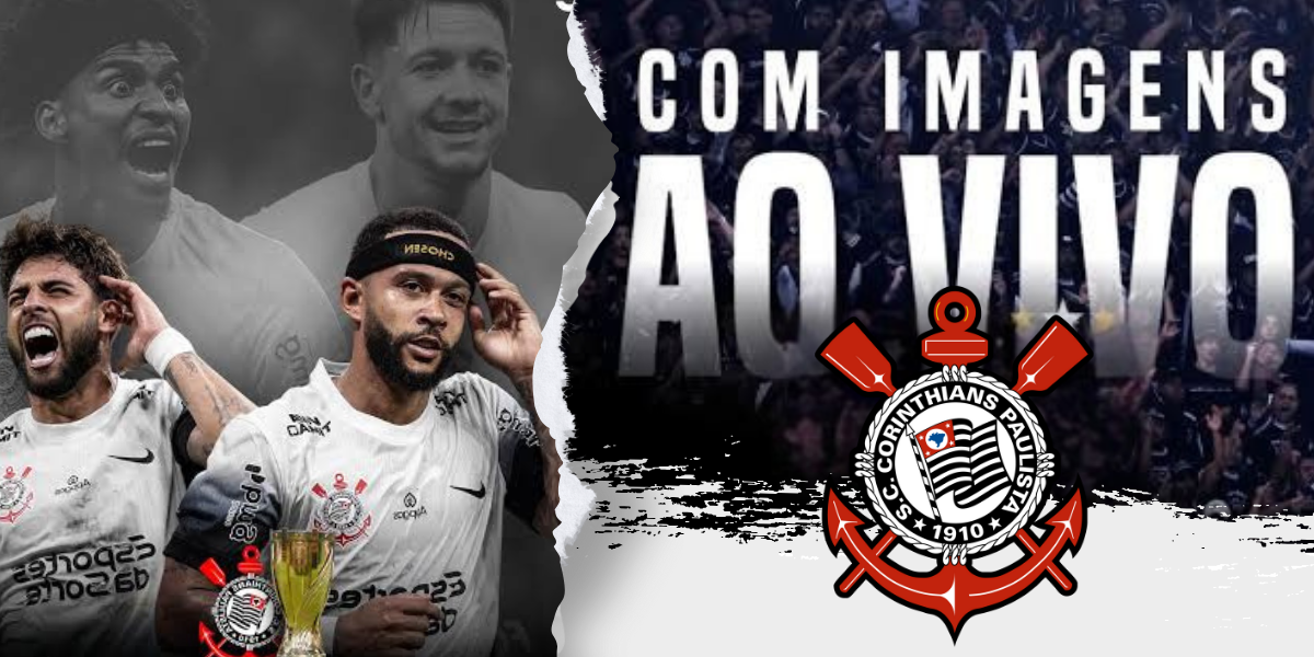 Transmissão ao vivo do jogo do Corinthians para a Fiel Torcida, com o escudo do Timão em destaque no site FutebolTV.