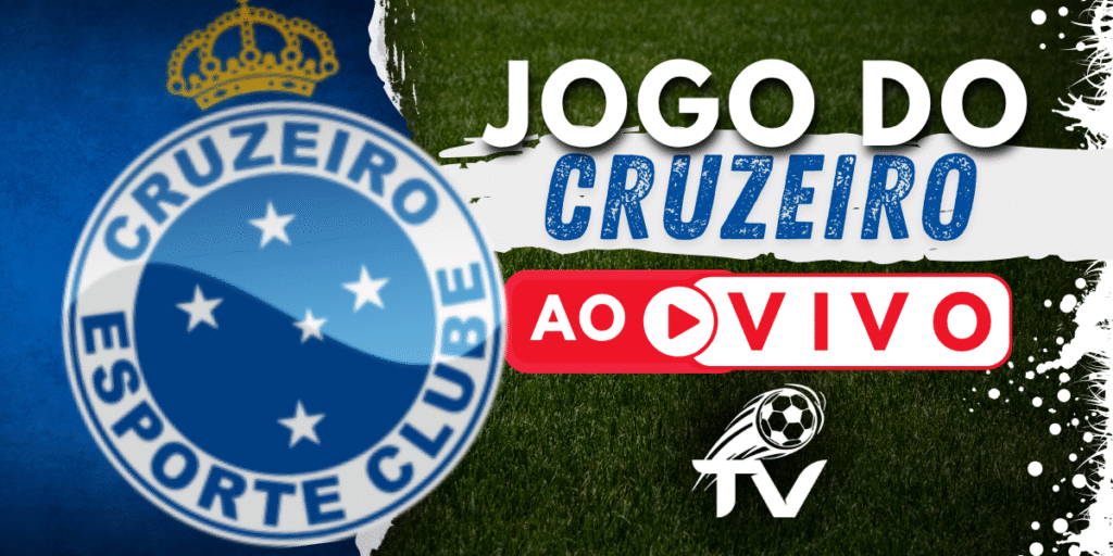 Arte para a transmissão do jogo do Cruzeiro ao vivo, com o escudo das cinco estrelas da Raposa e o logo do site FutebolTV.