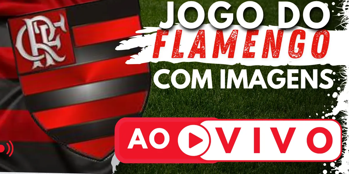 Banner com o escudo do Clube de Regatas do Flamengo e a chamada para assistir ao jogo do Flamengo ao vivo no site Futebol TV.