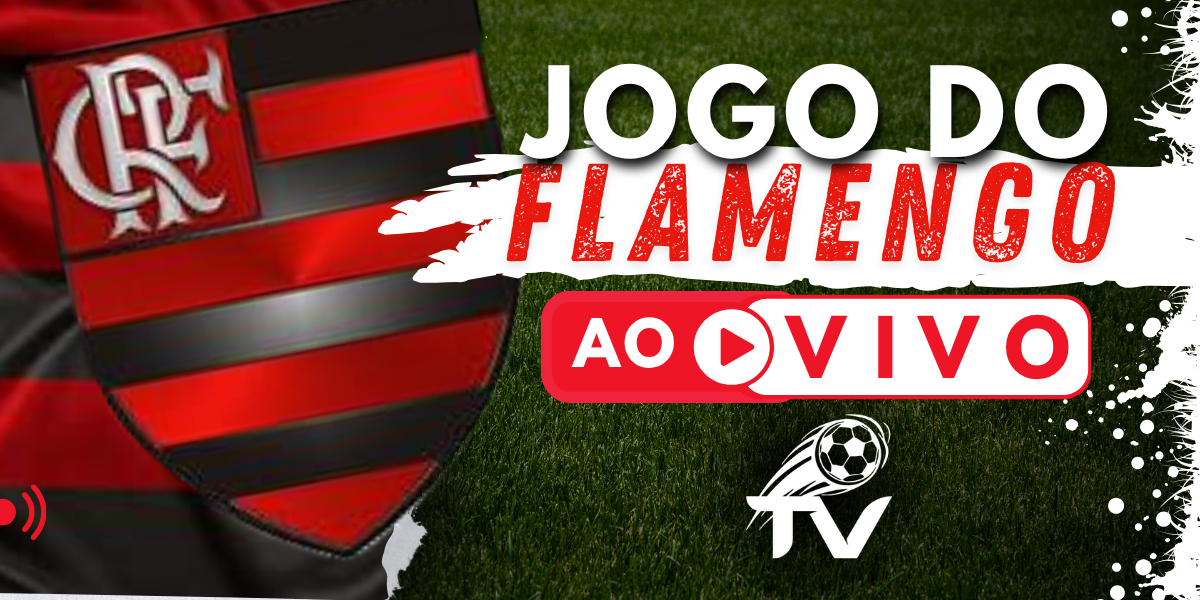 Arte para a transmissão do jogo do Flamengo ao vivo, com o escudo rubro-negro do Mengão e o logo do site FutebolTV.