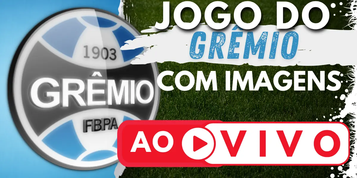 Banner com o escudo do Grêmio Foot-Ball Porto Alegrense e a chamada para assistir ao jogo do Grêmio ao vivo no site Futebol TV.