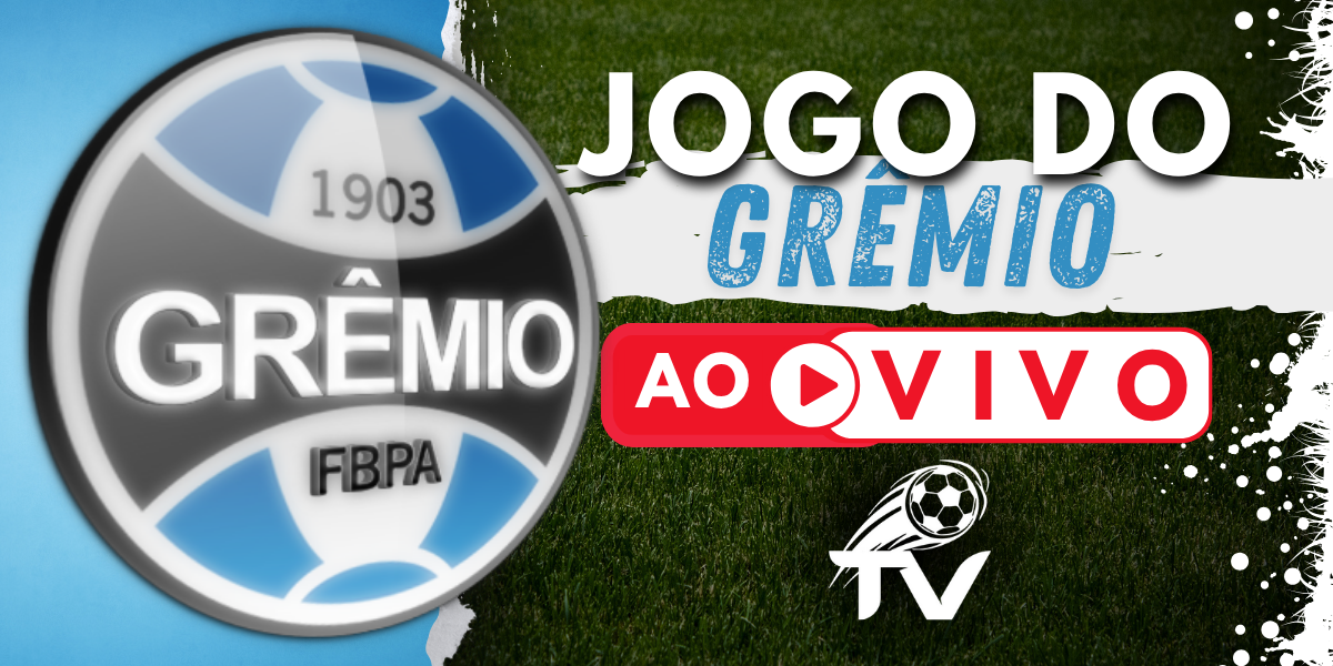 Arte para a transmissão do jogo do Grêmio ao vivo, com o escudo tricolor do Imortal e o logo do site FutebolTV.