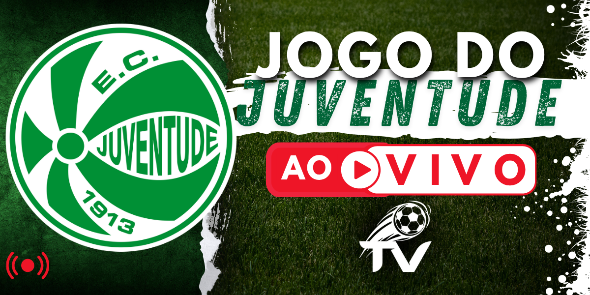 Arte para a transmissão do jogo do Juventude ao vivo, com o escudo alviverde do Papo e o logo do site FutebolTV.