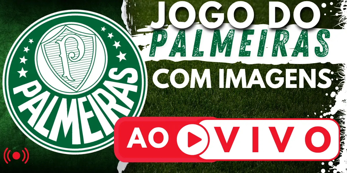 Banner com o escudo da Sociedade Esportiva Palmeiras e a chamada para assistir ao jogo do Palmeiras ao vivo no site Futebol TV.