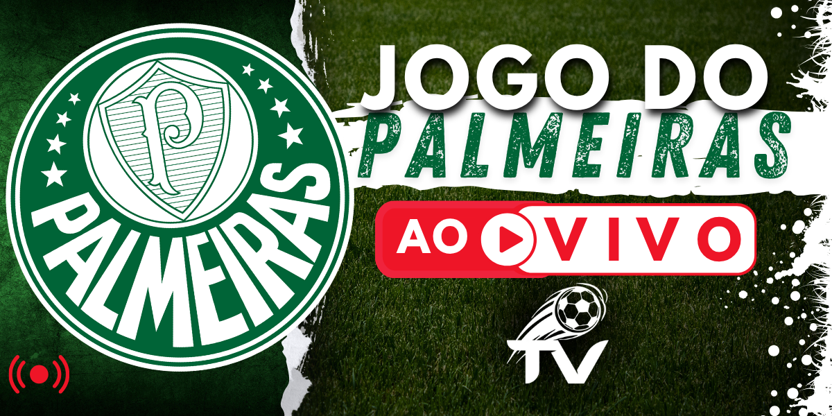 Arte para a transmissão do jogo do Palmeiras ao vivo, com o escudo do Verdão e o logo do site FutebolTV.
