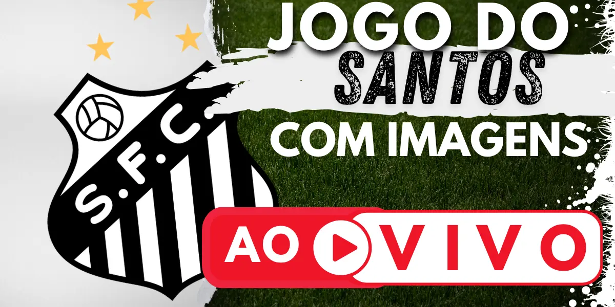 Banner com o escudo do Santos Futebol Clube e a chamada para assistir ao jogo do Santos ao vivo no site Futebol TV, celebrando o retorno do Alvinegro Praiano.