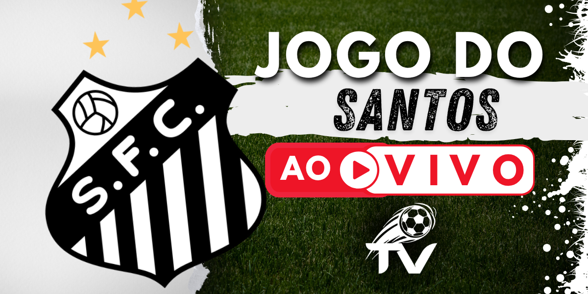 Arte para a transmissão do jogo do Santos ao vivo, com o escudo do Alvinegro Praiano e o logo do site FutebolTV.