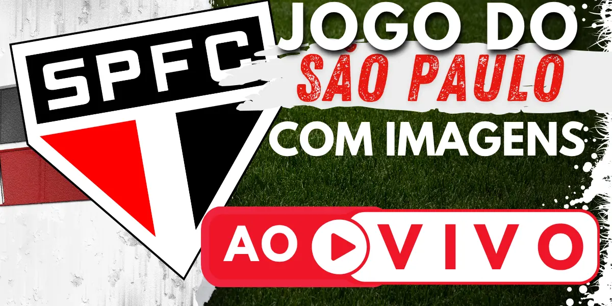 Banner com o escudo do São Paulo Futebol Clube e a chamada para assistir ao jogo do São Paulo ao vivo no site Futebol TV.