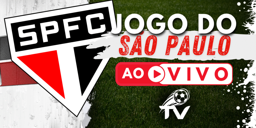 Arte para a transmissão do jogo do São Paulo ao vivo, com o escudo do Tricolor do Morumbi e o logo do site FutebolTV.
