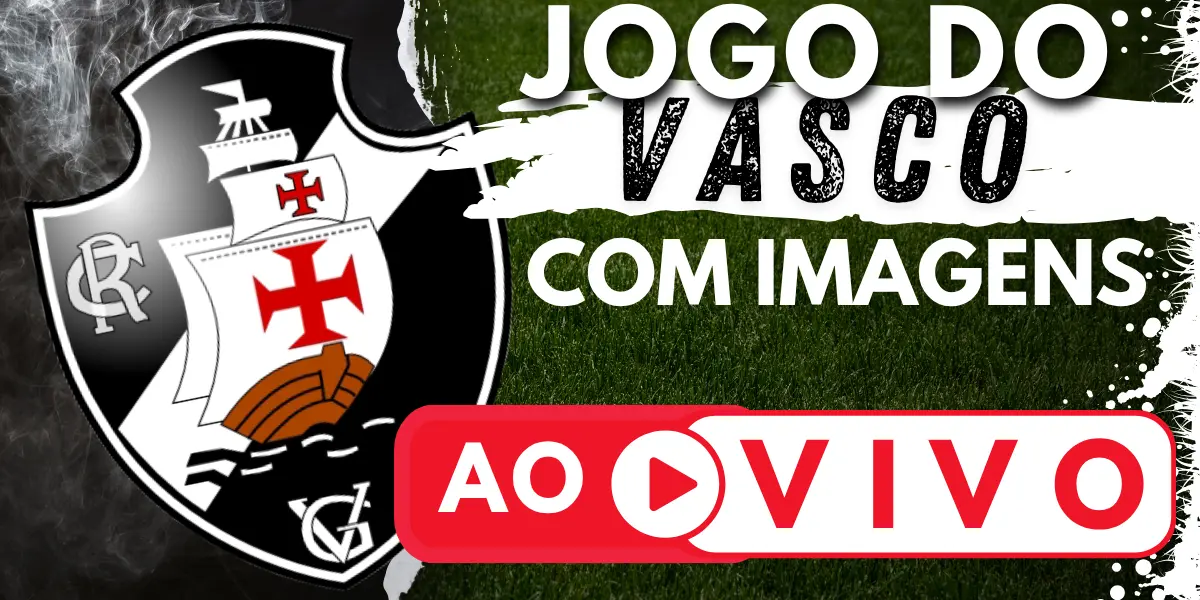 Banner com o escudo do Club de Regatas Vasco da Gama e a chamada para assistir ao jogo do Vasco ao vivo no site Futebol TV.