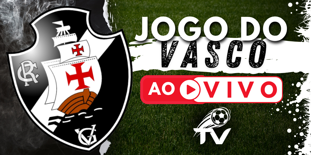 Arte para a transmissão do jogo do Vasco ao vivo, com a Cruz de Malta do Gigante da Colina e o logo do site FutebolTV.