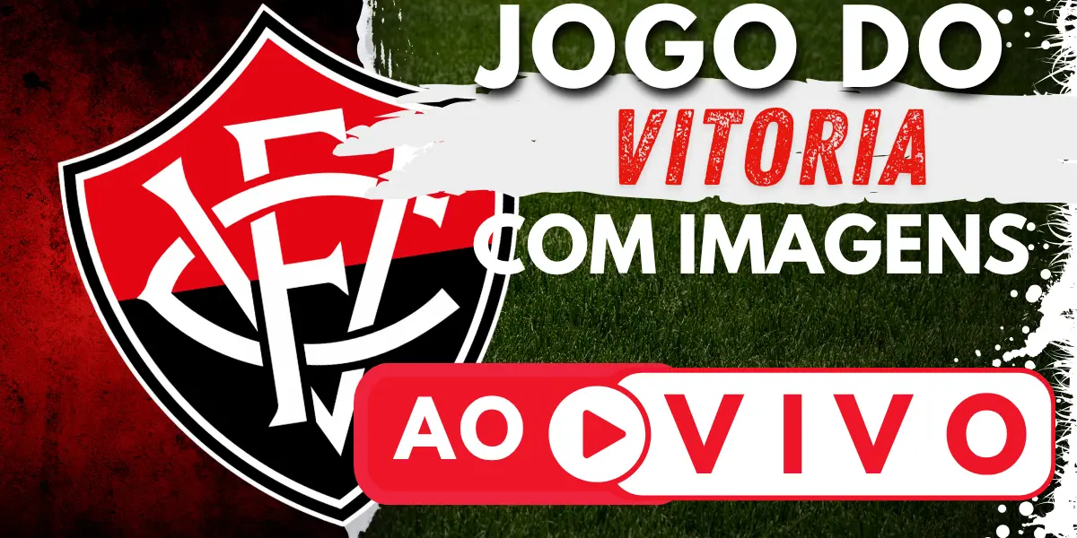 Banner com o escudo do Esporte Clube Vitória e a chamada para assistir ao jogo do Vitória ao vivo no site Futebol TV.