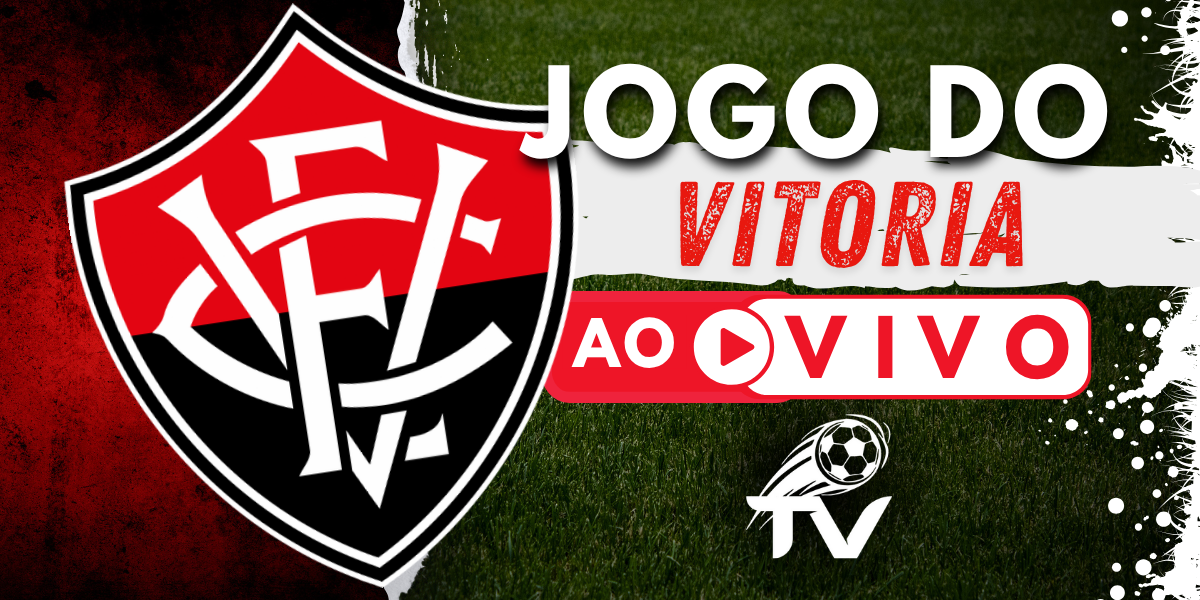 Arte para a transmissão do jogo do Vitória ao vivo, com o escudo rubro-negro do Leão da Barra e o logo do site FutebolTV.